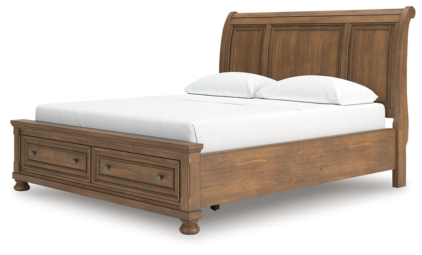 Feddinger California King Storage Sleigh Bed with Mirrored Dresser and Chest
