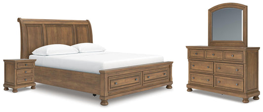 Vandenmore California King Storage Sleigh Bed with Mirrored Dresser and Nightstand