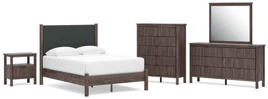 Cadmori Full Upholstered Panel Platform Bed, Dresser, Mirror, Chest and Nightstand