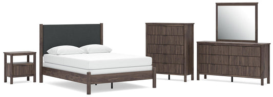 Cadmori Queen Upholstered Panel Bed, Dresser, Mirror, Chest and Nightstand