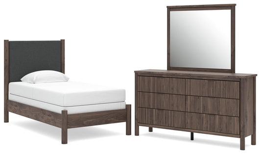 Cadmori Twin Upholstered Panel Bed, Dresser and Mirror