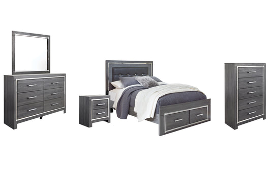 Lodanna Queen Panel Bed with 2 Storage Drawers with Mirrored Dresser, Chest and Nightstand