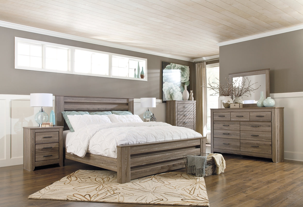 Zelen King Panel Bed with Mirrored Dresser, Chest and Nightstand