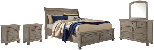 Lettner King Sleigh Bed with 2 Storage Drawers with Mirrored Dresser and 2 Nightstands