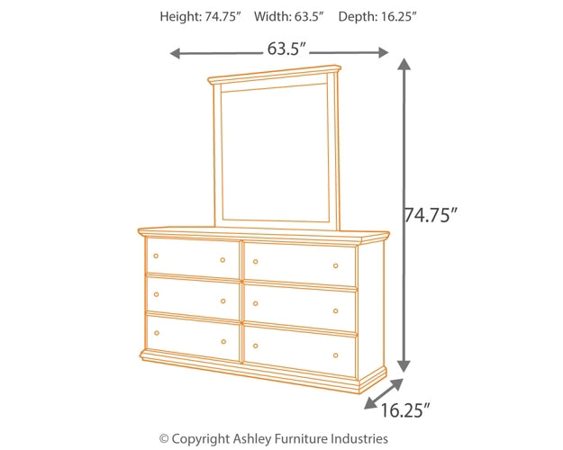 Maribel King/California King Panel Headboard with Mirrored Dresser and Chest