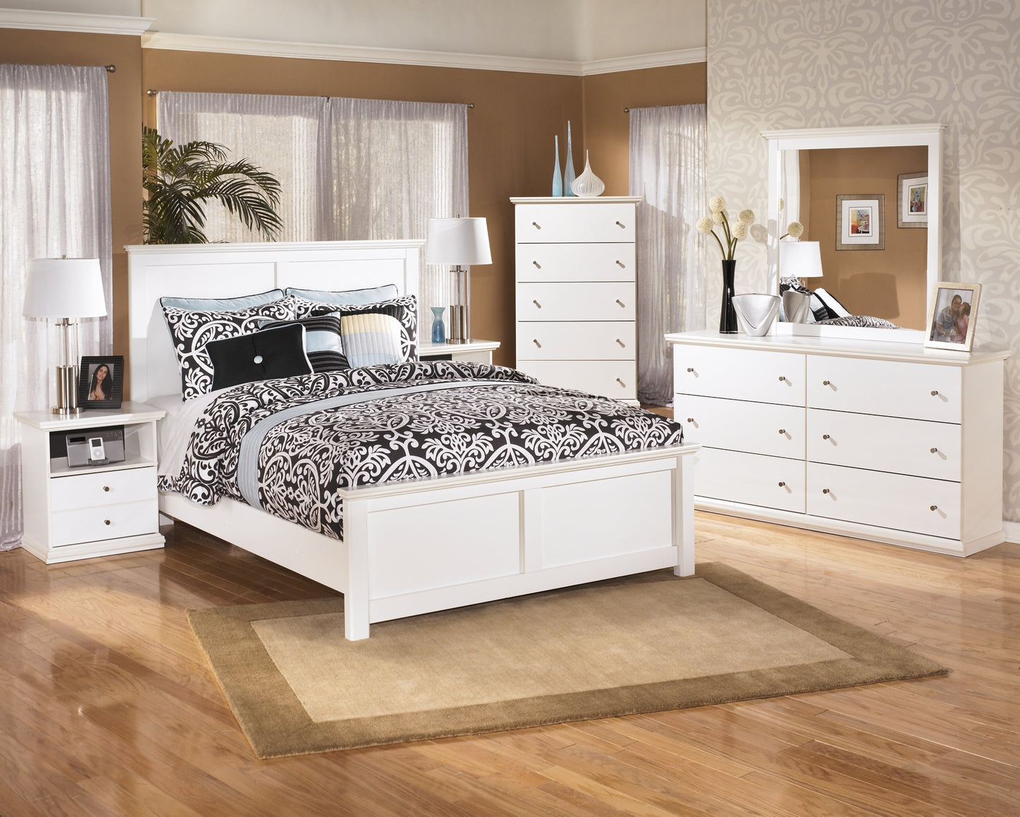 Bostwick Shoals Queen Panel Bed with Mirrored Dresser and Chest