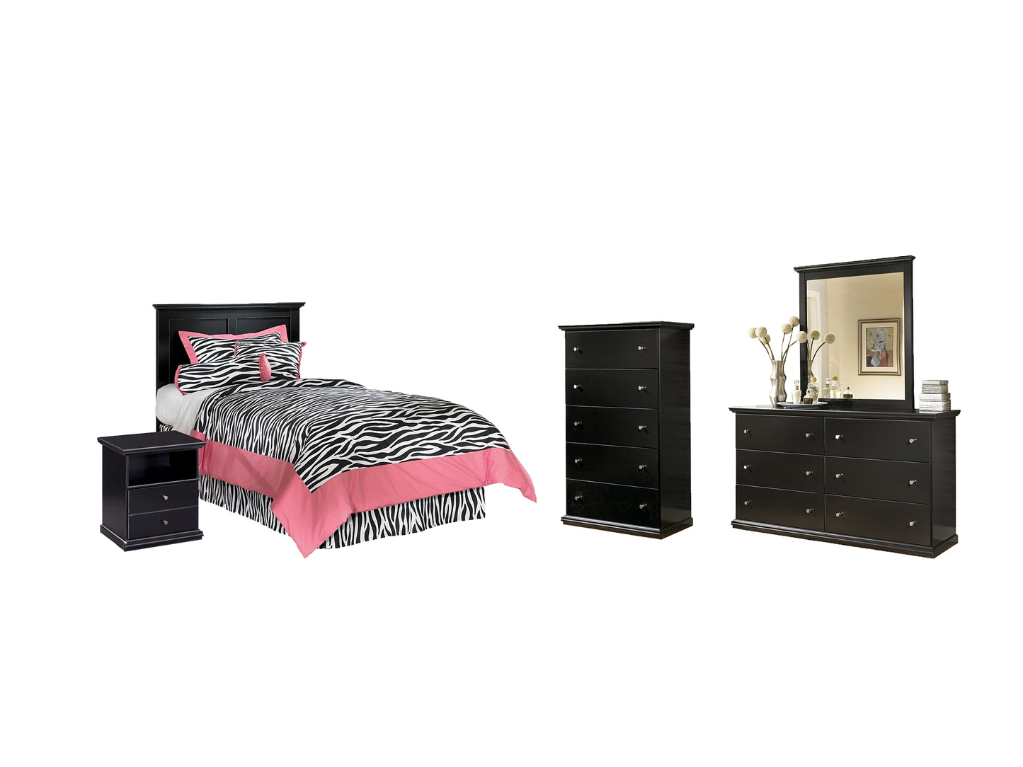 Maribel Twin Panel Headboard with Mirrored Dresser, Chest and Nightstand