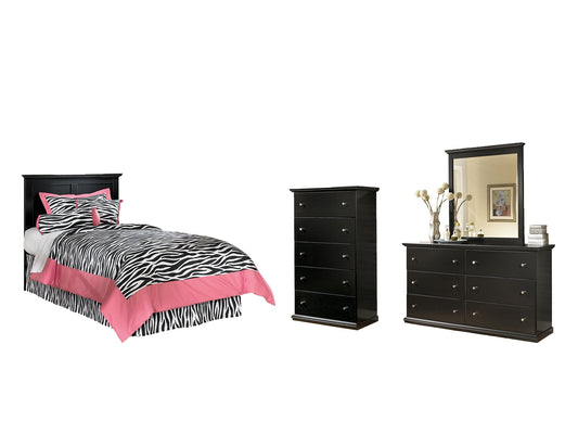 Maribel Twin Panel Headboard with Mirrored Dresser and Chest