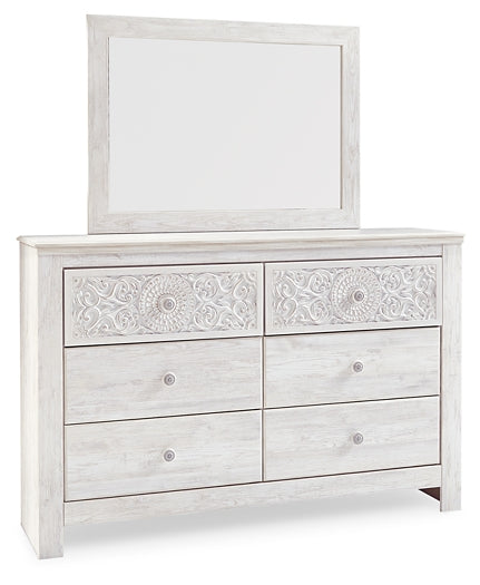 Paxberry King Panel Bed with Mirrored Dresser and Chest