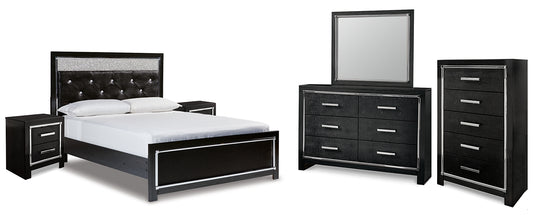 Kaydell Queen Upholstered Panel Bed with Mirrored Dresser, Chest and 2 Nightstands