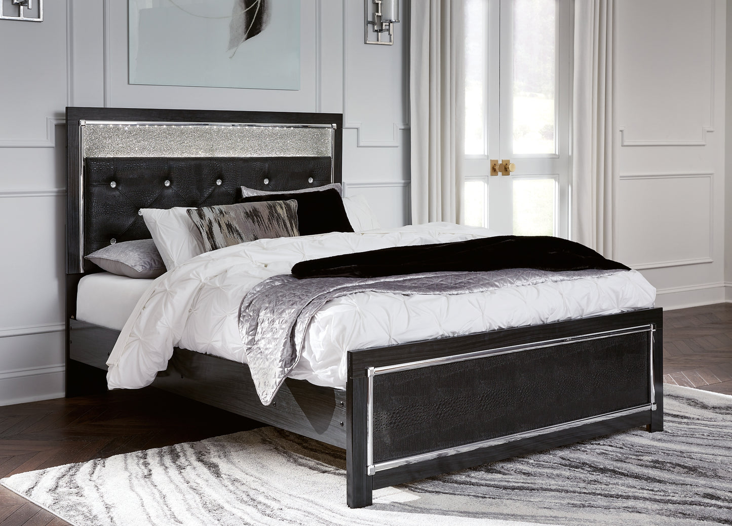 Kaydell Queen Upholstered Panel Bed with Mirrored Dresser, Chest and 2 Nightstands