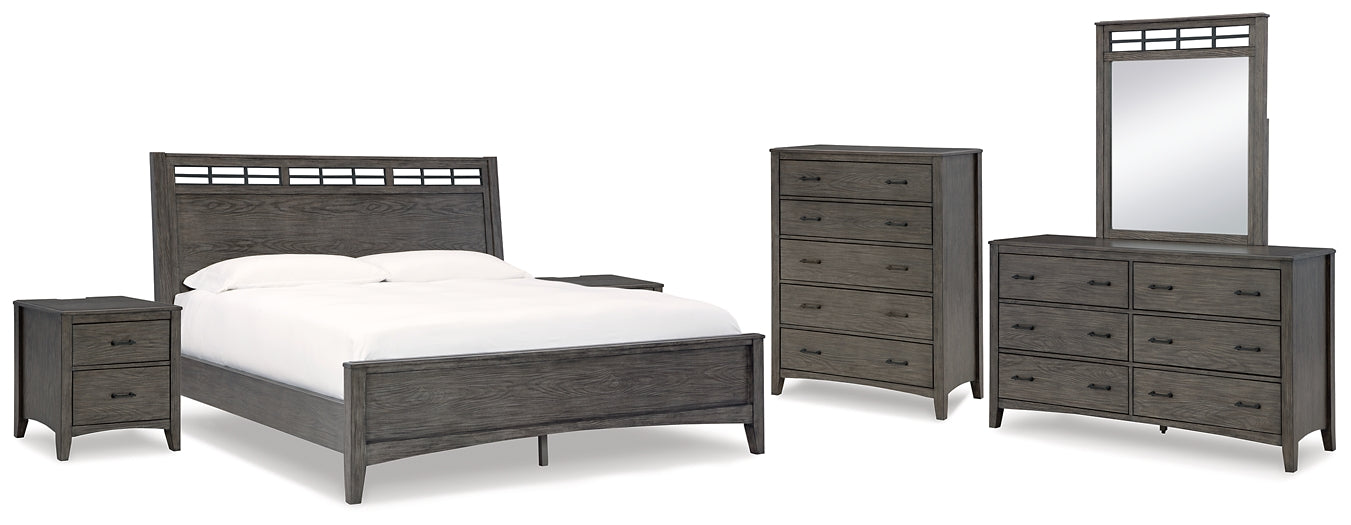 Montillan Queen Panel Bed with Mirrored Dresser, Chest and 2 Nightstands