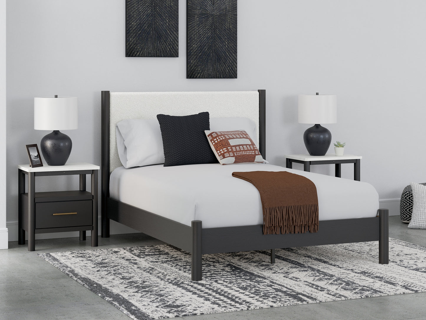 Cadmori Queen Upholstered Panel Bed with 2 Nightstands