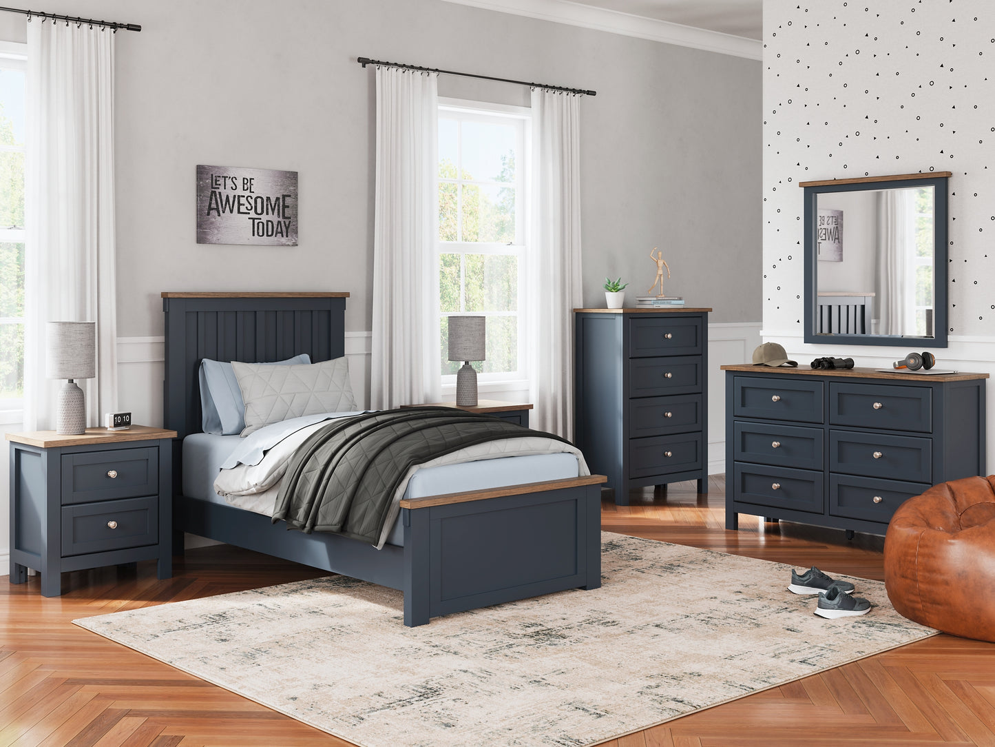 Landocken Twin Panel Bed with Mirrored Dresser and Nightstand