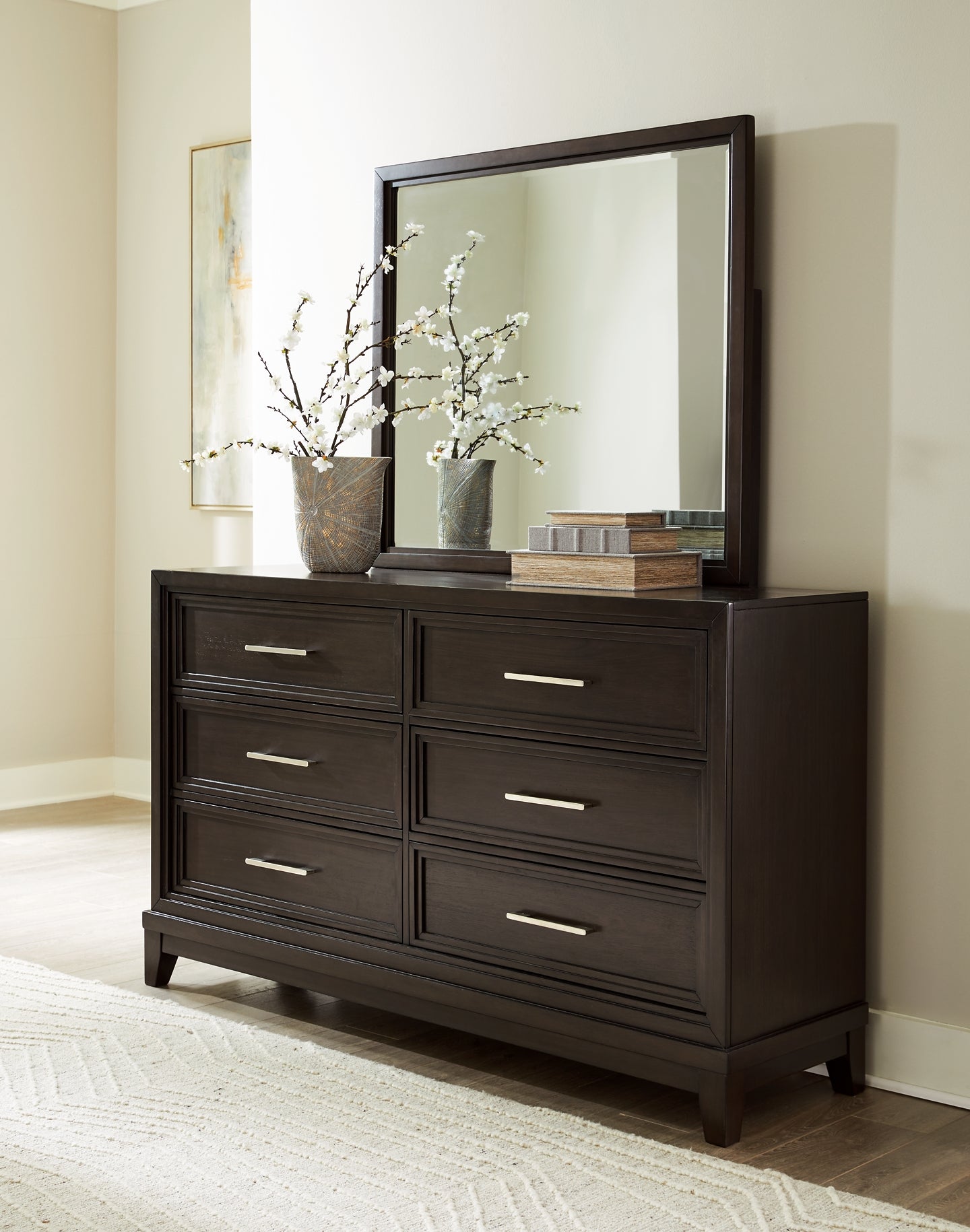 Neymorton Queen Upholstered Panel Bed with Mirrored Dresser and Nightstand