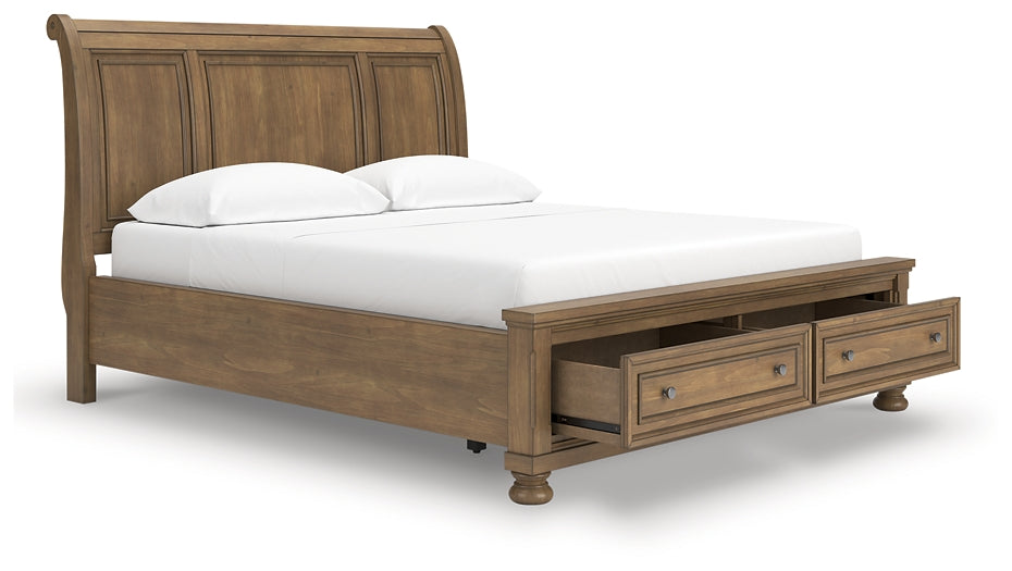 Feddinger California King Storage Sleigh Bed with Mirrored Dresser and Chest