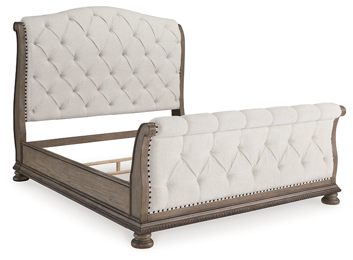 Ardenfield King Upholstered Sleigh Bed with Mirrored Dresser and Nightstand